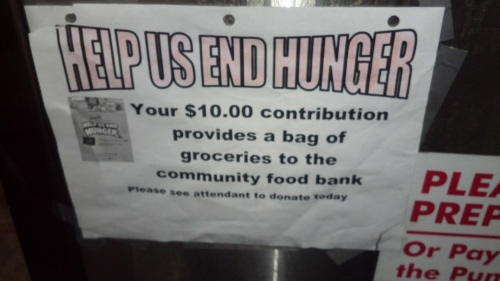 I saw this on the gas pump at Safeway last night, and while I think it's great that people are giving to this, I found the idea that a $10.00 donation would "End Hunger" almost offensive.